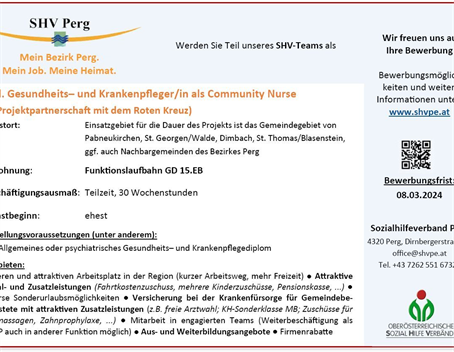 SHV Perg sucht eine/n Gesundheits- und Krankenpfleger/in